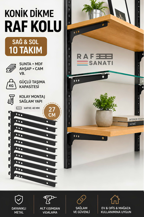 10 Takım Raf Destek Kolu 27 cm – 40 Hatve – Ahşap MDF Sunta Cam Raf Tutucu Raf Kolu Siyah
