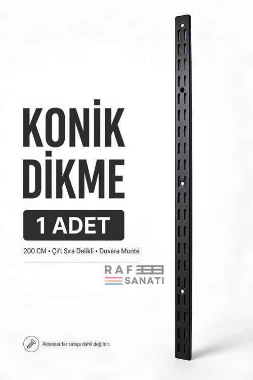 Konik Dikme 200 cm Siyah 1 Adet – Çift Sıra Delikli Modüler Mağaza Raf Profili Direği