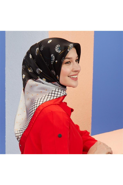 İpek Eşarp Nostalji - 8517-09 Siyah Kırmızı Twill