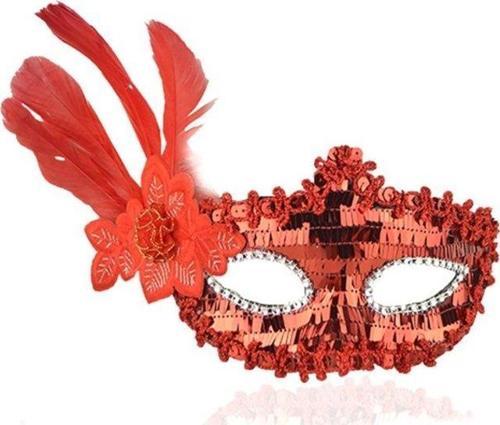 Kırmızı Payetli Pullu Kırmızı Renk Yandan Tüylü Parti Maskesi 18x22 cm