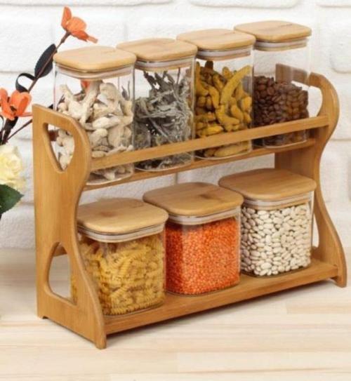 7 Parça Baharat Takımı Cam Bambu Kapaklı Kare 2418