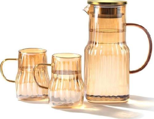 Mia 2 Bardaklı Borosilikat Cam Sürahi Takımı Gold 1400 Ml TR-3984