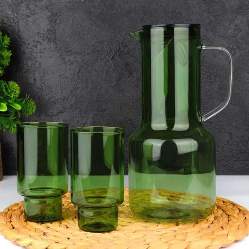 Perla 2 Bardaklı Borosilikat Cam Sürahi Takımı Yeşil 2100 Ml TR-3991