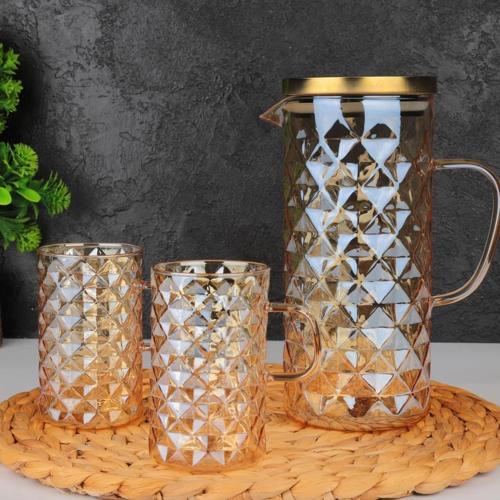Sole 2 Bardaklı Borosilikat Cam Sürahi Takımı Gold 1300 Ml TR-3987