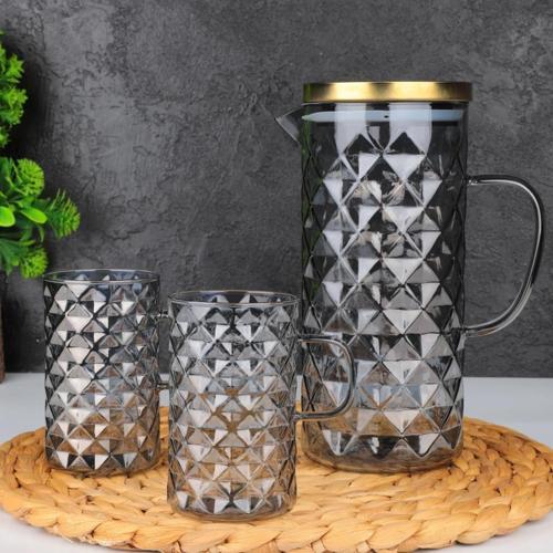 Sole 2 Bardaklı Borosilikat Cam Sürahi Takımı Gri 1300 Ml TR-3987