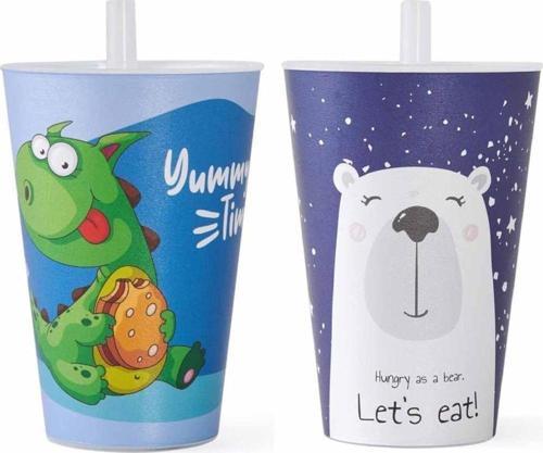 2 Adet Desenli Plastik Pipetli Bardak Erkek Model 400 Ml