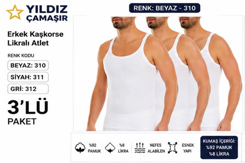 Erkek Kaşkorse Likralı İnce Askılı Atlet (310-311-312) - 3 Adet