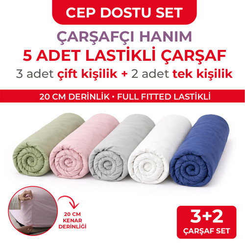 5 Adet Pamuklu Ranforce Lastikli Çarşaf - CEP DOSTU PAKET (3 Adet 160x200 + 2 Adet 100x200)
