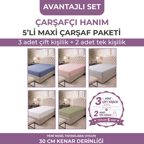 5 Adet Pamuklu Ranforce Lastikli Çarşaf - MAXI PAKET (3 Adet 160x200 + 2 Adet 100x200)