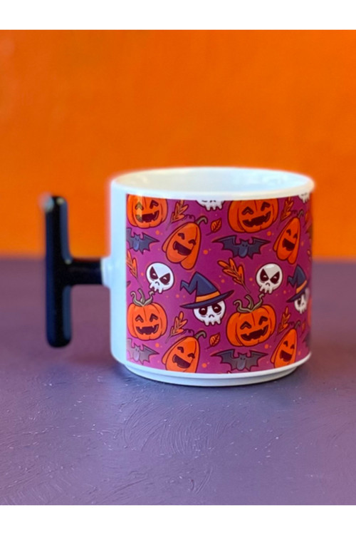 Karışık Desenli Mor Zeminli Halloween T Kupa, Cadılar Bayramı Kupası