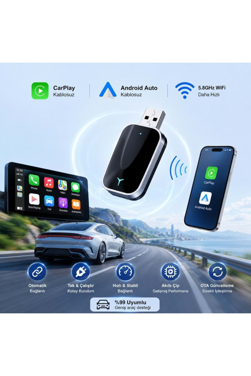Kablosuz CarPlay & Android Auto Mini 2'si 1 Arada USB Dönüştürücü | Type-C OTG Destekli