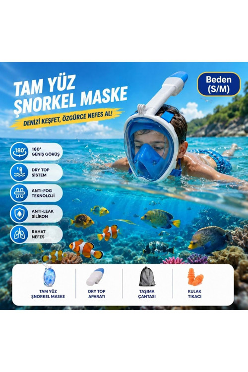 Tam Yüz Şnorkel Maskesi S-M – Geniş Panoramik Görüş ve Dry Top Koruma