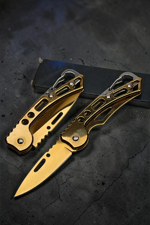 SDR-1105B 15 CM Paslanmaz Çelik Kamp Outdoor Mini Cep Çakı Karabinalı Gold Altın Renk