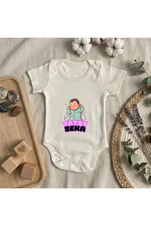 Yatay Zeka Baskılı Kısa Kollu Kız/Erkek Bebek Body (0-3 Yaş)