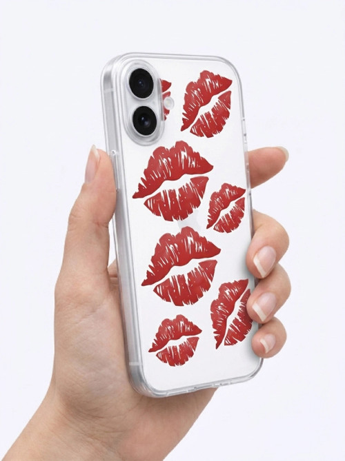® İphone 17 Kırmızı Dudak / Öpücük Desenli Şeffaf Telefon Kılıfı