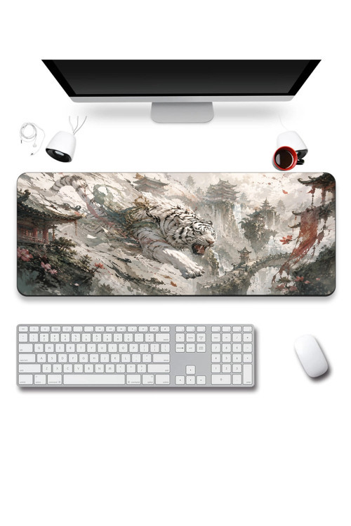 SonicTouch Klavye Mousepad 40x90cm Pürüzsüz Sıvı Geçirmez Kaymaz Taban Beyaz Kaplan Tapınağı