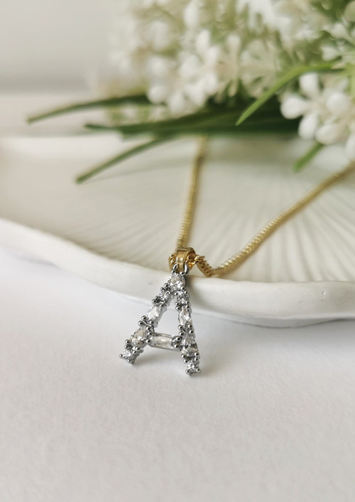 "A" Harfi 14K Altın Kaplama Zirkon Taşlı Çelik Kolye 50+5 cm