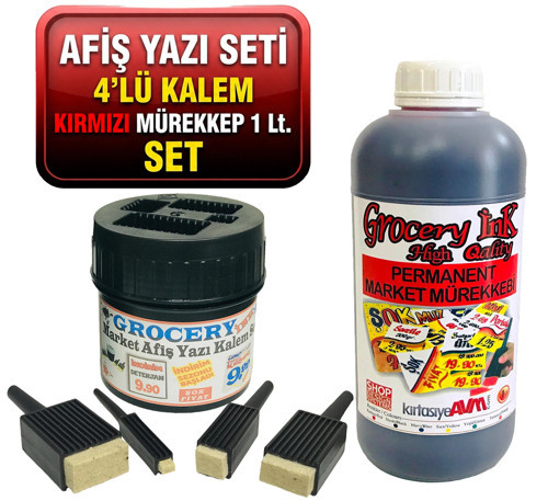 Grocery Market Kalemi 4 lü Set + Market Yazı Mürekkebi KIRMIZI Renk