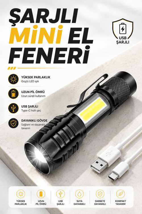 El Feneri Led Usb Şarjlı Zoom Led Işık Acil Durum Feneri