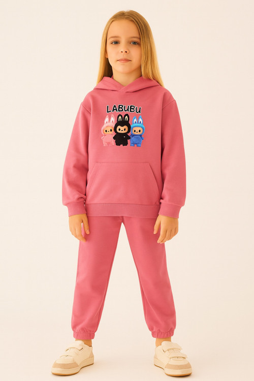 Kız Çocuk Eşofman Takımı Labubu Takım Kapüşonlu Baskılı Sweatshirt ve Pantolon