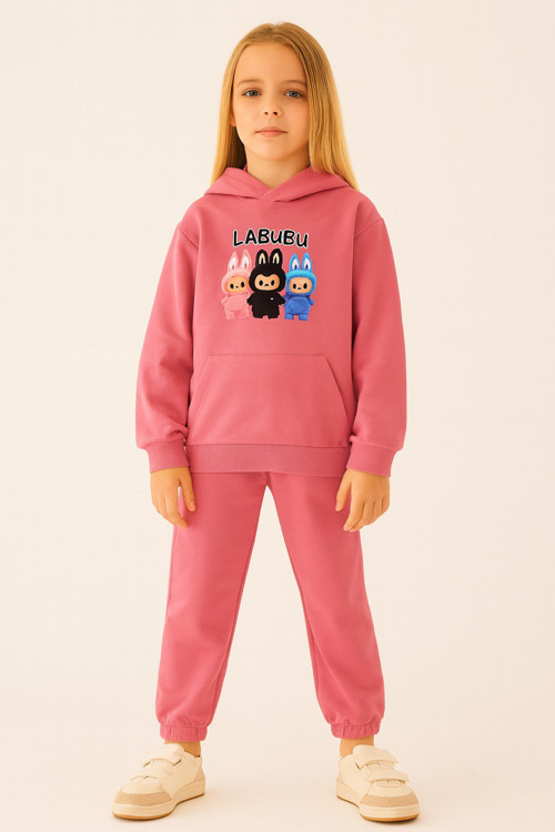 Kız Çocuk Eşofman Takımı Labubu Takım Kapüşonlu Baskılı Sweatshirt ve Pantolon