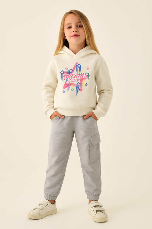 Kız Çocuk Takım Kapüşonlu Sweatshirt ve Kargo Cepli Eşofman Altı 2’li Spor Kombin 4-8 yaş