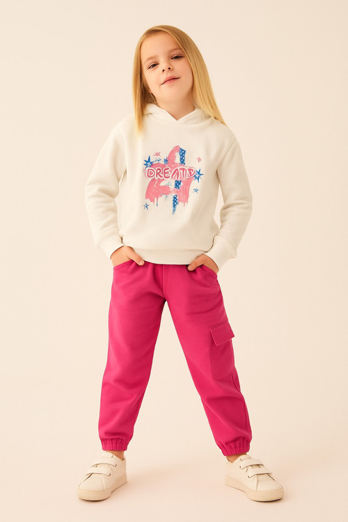 Kız Çocuk Takım Kapüşonlu Sweatshirt ve Kargo Cepli Eşofman Altı 2’li Spor Kombin 4-8 yaş