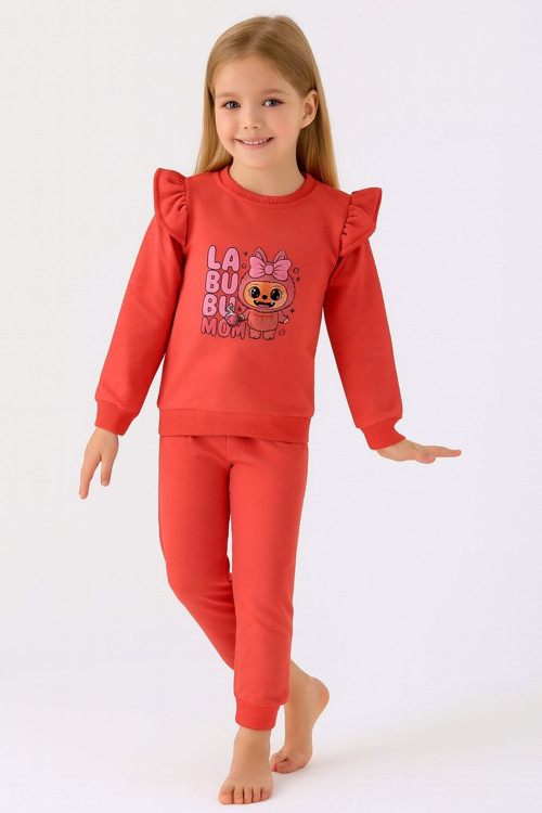 Kız Çocuk Takım Pembe Labubu Baskılı Fırfırlı Sweatshirt ve Eşofman Altı Takım 5-8 yaş