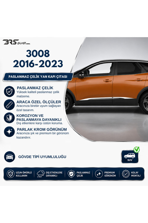 Peugeot 3008 Uyumlu 2016-2023 Krom Yan Kapı Çıtası 4 Parça Paslanmaz Çelik
