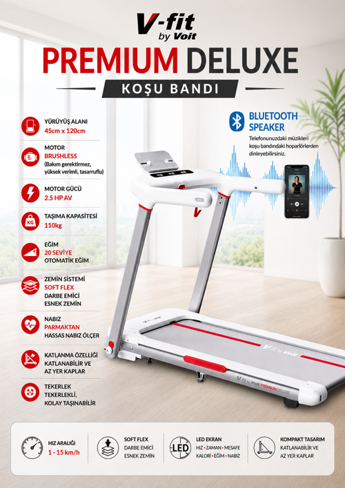 By Premium Delux Koşu Bandı, 20 Kademe Eğim, Brushless, Katlanabilir, 15 Km/S, Bluetooth