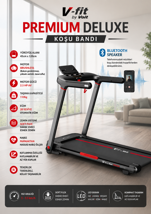 By Premium Delux Koşu Bandı, 20 Kademe Eğim, Brushless, Katlanabilir, 15 Km/S, Bluetooth