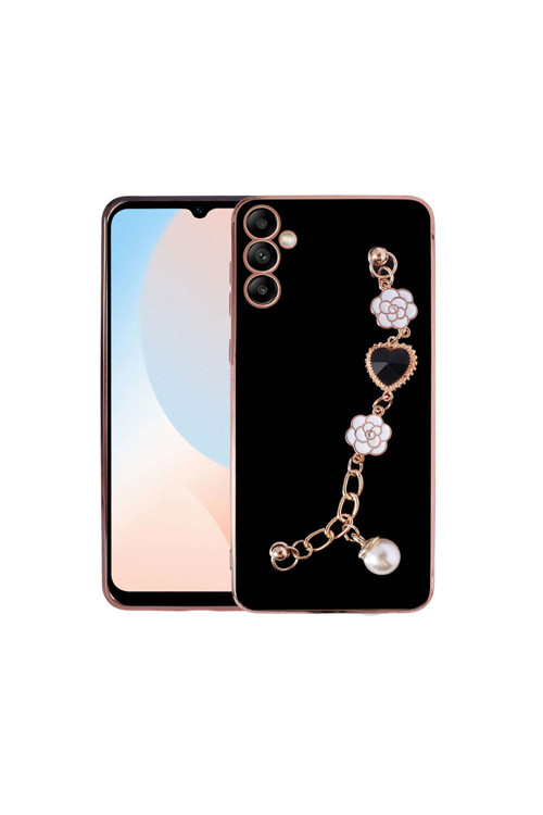 Samsung Galaxy A34 5G Uyumlu Canlı Renkli Altın Kenar Çizgili Bileklikli Taşlı Silikon Kılıf