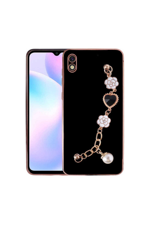 Xiaomi Redmi 9A Uyumlu Parlak Gold Detaylı Silikon Kılıf Taşlı Zincirli Telefon Kılıfı