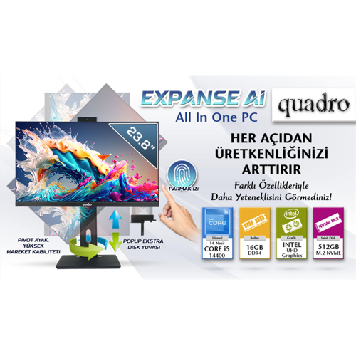 QUADRO EXPANSE AI B424 14165, i5-14400, 23,8" FHD Ekran, 16Gb Ram, 512Gb SSD, Pivot, Payla�