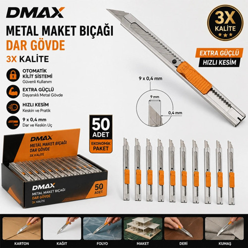 Metal Maket Bıçağı Dar Gövde, 50 Adet 9mm - 0.4mm, 3x Kalite