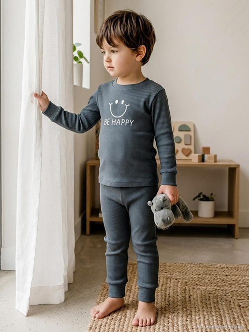 Gülen Yüz Baskılı 1-6 Yaş Pijama Takımı - Gri
