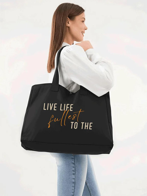 Siyah 3 Çıtlı Live Life Baskılı Büyük Boy Kanvas Çanta - Standart