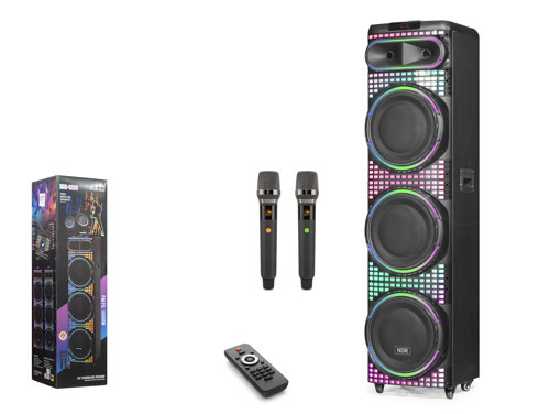 NDR3260 Çift Karaoke Mikrofonlu Bluetooth Hoparlör FM Radyo 100W 3x12 İnç RGB Kumandalı Siyah