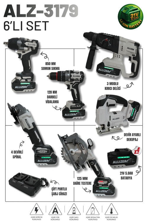 Allizer ALZ-3179 21V 5.0Ah Profesyonel Akülü 6'lı Set