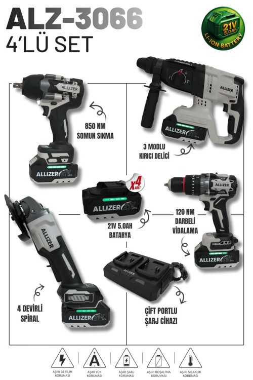 Allizer ALZ-3066 21V 5.0Ah Profesyonel Akülü 4'lü Set