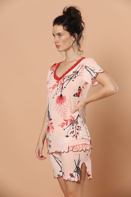 Kadın Desenli Kısa Kollu Dantel Detaylı Viskon Şort Takım