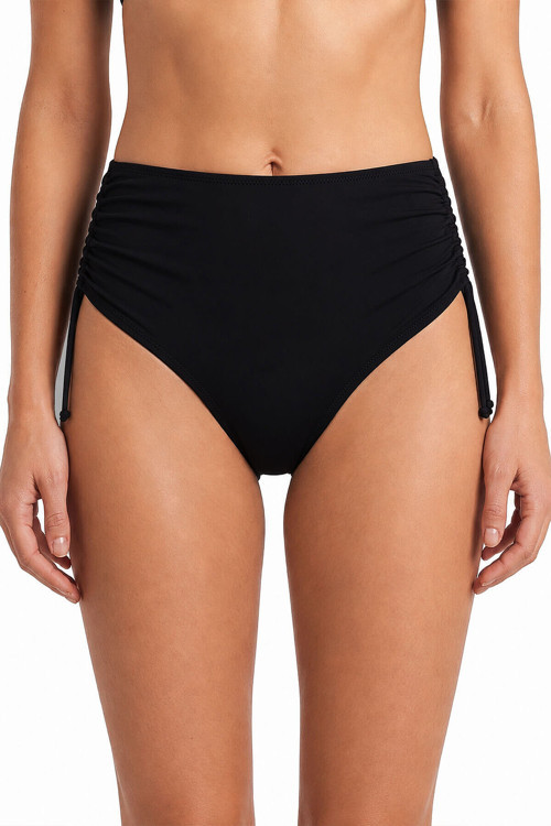 Siyah Yanları Büzgülü Yüksek Bel Tek Alt Bikini