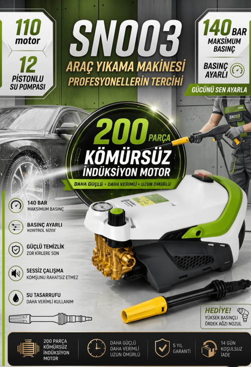 Güçlü Su Basınçlı Yıkama Makinesi – Kömürsüz İndüksiyon Motor & Basınç Göstergesi - SN003