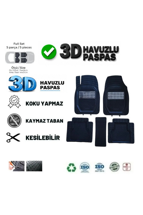 Renault Megane 4 Sedan 2022 Uyumlu 3 Cm Havuzlu 5 Parça Set 3D Paspas Takımı Siyah - Gri