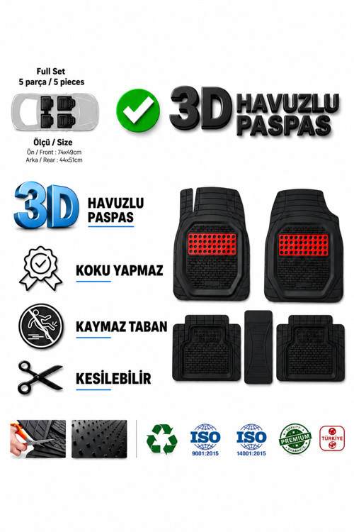 Volkswagen T-Cross 2021 Uyumlu 3 Cm Havuzlu 5 Parça Set 3D Paspas Takımı Siyah - Kırmızı