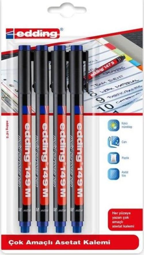 147 S Çok Amaçlı Permanent Kalem (Silgili Asetat Kalemi) 4'lü MAVİ
