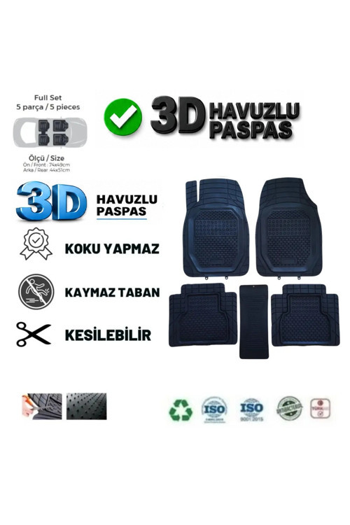 Toyota Auris Hb 2015 Uyumlu 3 Cm Havuzlu 5 Parça Set 3D Paspas Takımı Siyah