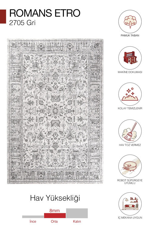 Hoom Rugs Etro 2705 Gri Vintage Desenli Salon Halısı 5