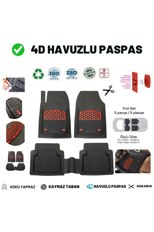 Opel Meriva B 2016 Uyumlu 4 Cm Derin Havuzlu 5 Parça Set 3D Paspas Takımı Kırmızı