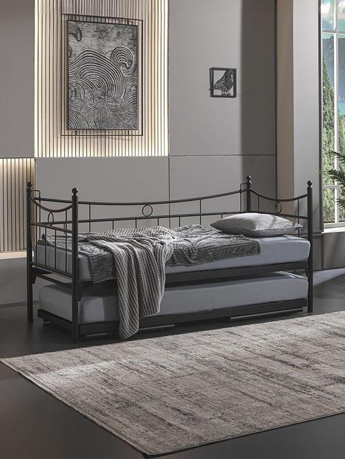 Daily Yavrulu Daybed Tek - Çift Kişilik Sedir Metal Karyola Yatak Seti Siyah
